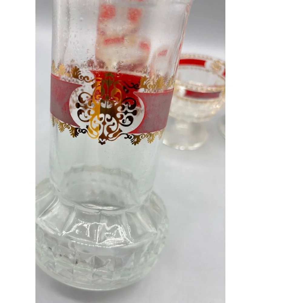 Vintage Red‎ Gold Filigree Glass Decanter Set with 5 Cordial Glasses Bar EMPTY
